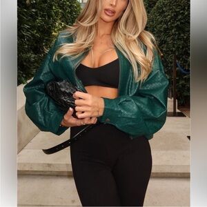 Lea Woven Faux Leather Bomber Jacket